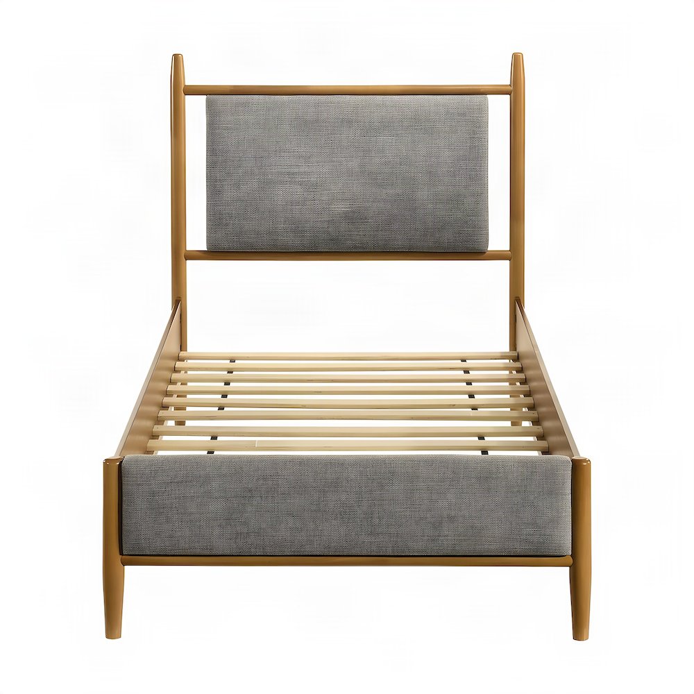 Fabric-Upholstered Twin Platform Bed Frame with Panel Headboard, Light Brown