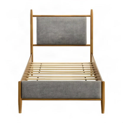 Fabric-Upholstered Twin Platform Bed Frame with Panel Headboard, Light Brown