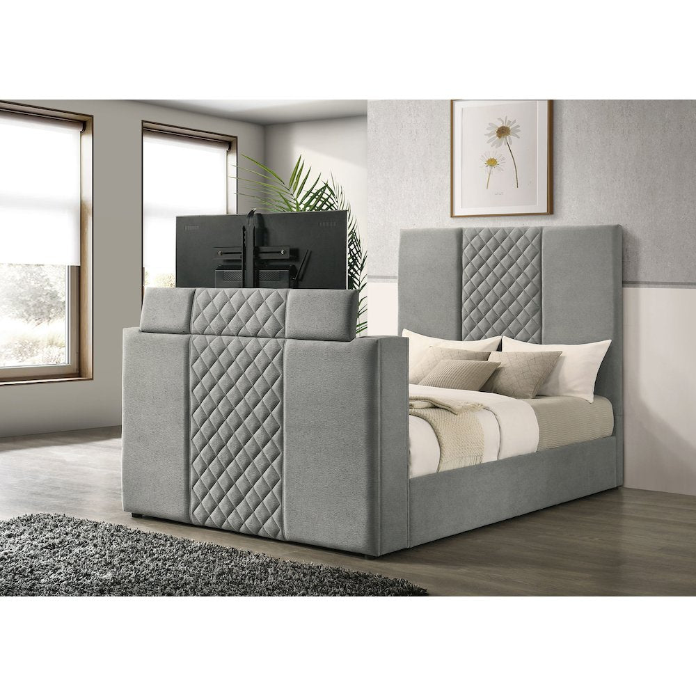 Tara 61-inch Upholstered Queen Panel TV Bed Grey