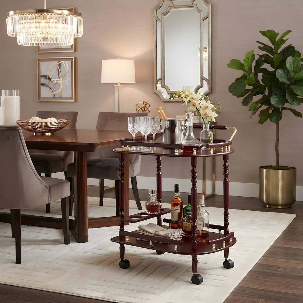 Wood Bar Cart with Open Shelves, Vintage Rolling Tea Trolley, Merlot