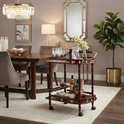 Wood Bar Cart with Open Shelves, Vintage Rolling Tea Trolley, Merlot