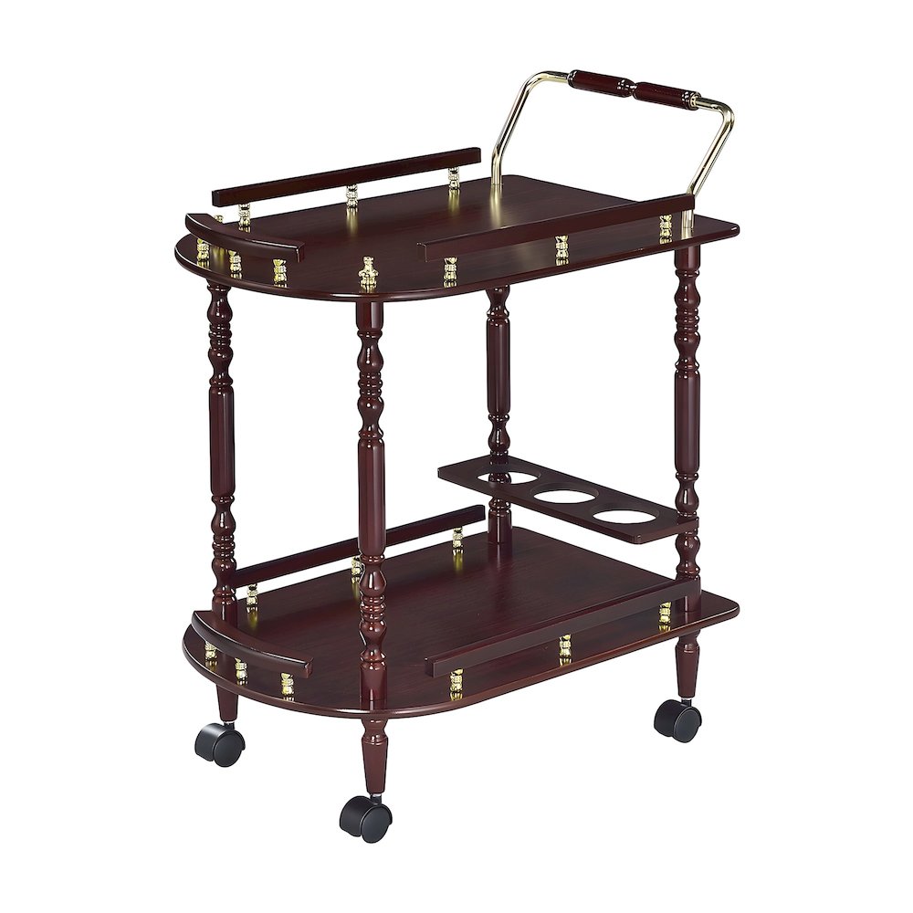 Wood Bar Cart with Open Shelves, Vintage Rolling Tea Trolley, Merlot