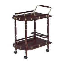 Wood Bar Cart with Open Shelves, Vintage Rolling Tea Trolley, Merlot