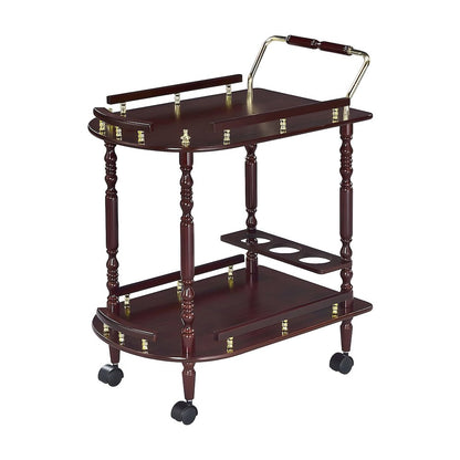 Wood Bar Cart with Open Shelves, Vintage Rolling Tea Trolley, Merlot