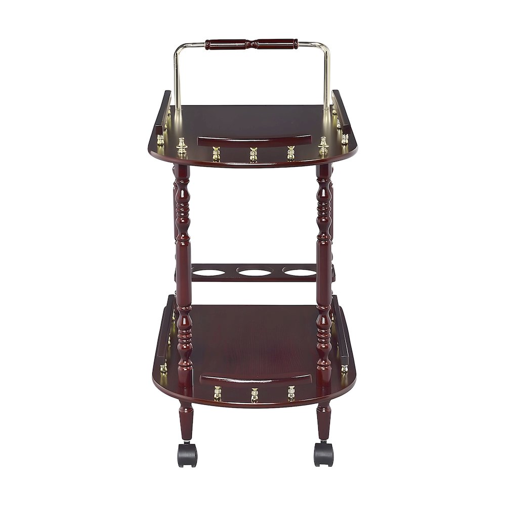 Wood Bar Cart with Open Shelves, Vintage Rolling Tea Trolley, Merlot