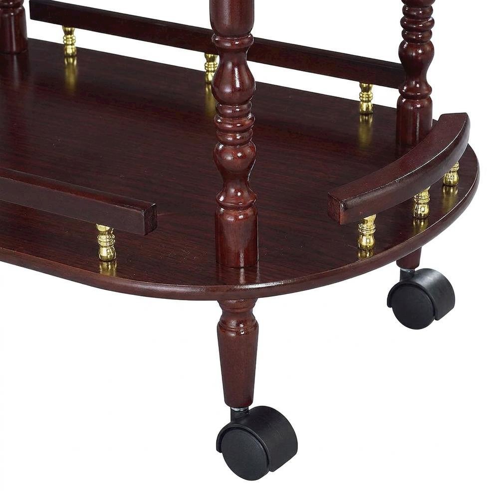 Wood Bar Cart with Open Shelves, Vintage Rolling Tea Trolley, Merlot