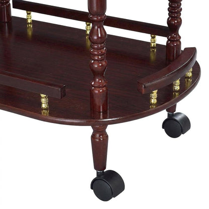 Wood Bar Cart with Open Shelves, Vintage Rolling Tea Trolley, Merlot