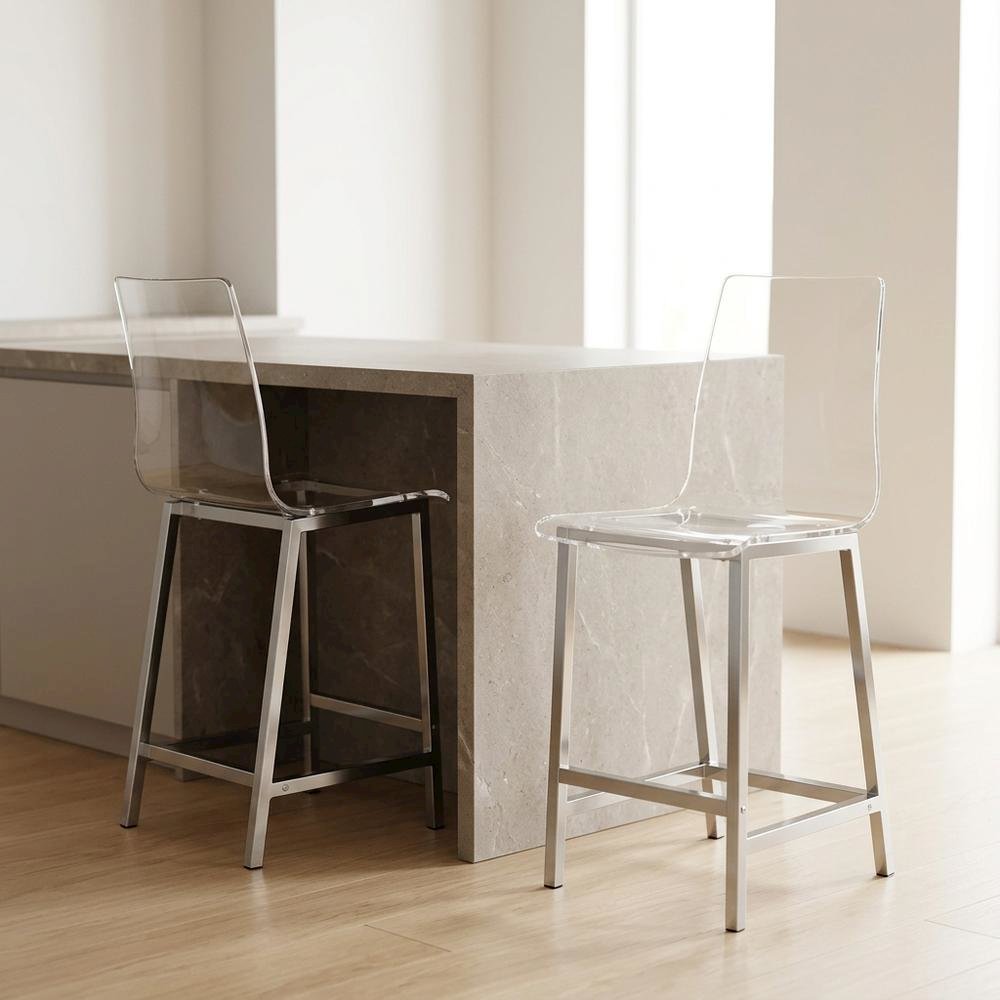 Acrylic Counter Stools with Chrome Base for Kitchen, Clear, Set of 2