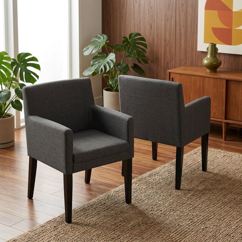 Upholstered Dining Arm Chair with Wood Legs, Grey, Set of 2