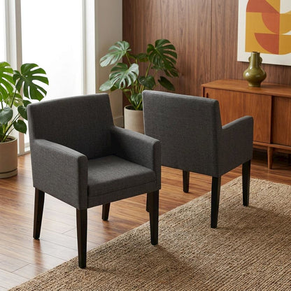 Upholstered Dining Arm Chair with Wood Legs, Grey, Set of 2