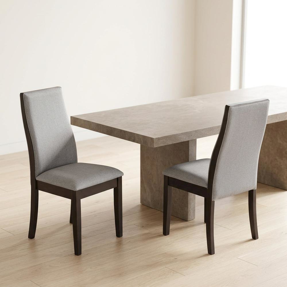 Polyester Upholstered Farmhouse Dining Chair, Espresso Legs, Taupe, Set of 2