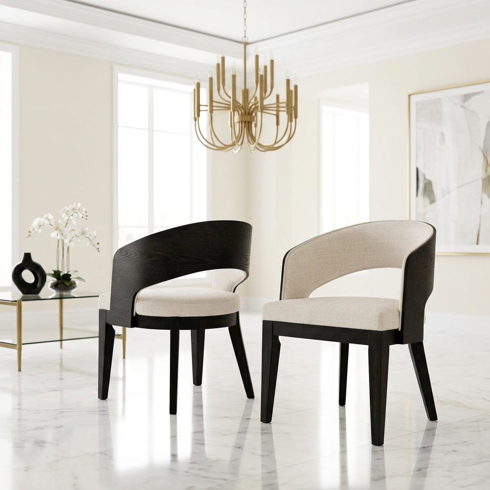 Upholstered Dining Arm Chairs, Burnished Black / Cream, Set of 2