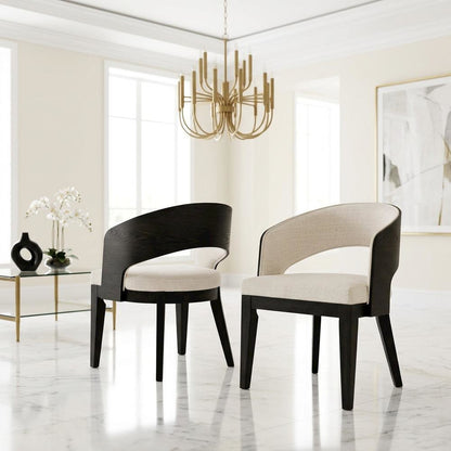 Upholstered Dining Arm Chairs, Burnished Black / Cream, Set of 2