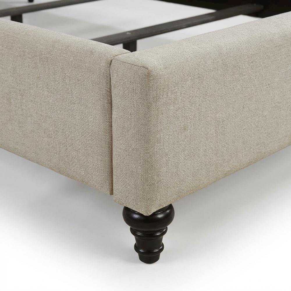 Beige Upholstered Eastern King Headboard, Dark Brown Wood Legs, Classic Design