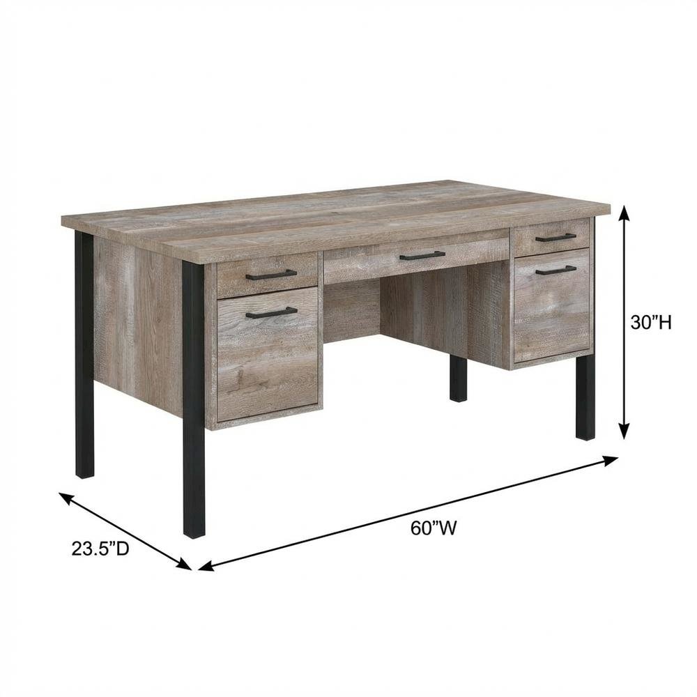 Weathered Oak 60-Inch Office Desk With 4 Drawers, Farmhouse Style For Workspace