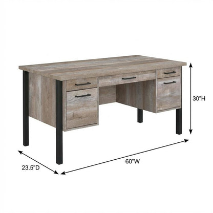 Weathered Oak 60-Inch Office Desk With 4 Drawers, Farmhouse Style For Workspace