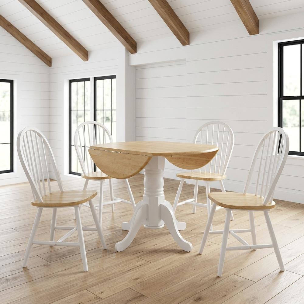 Wood Drop-Leaf Round Dining Table Set, Farmhouse Style for Small Spaces, White