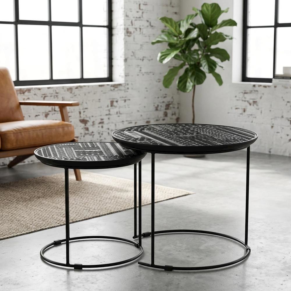 Round Mango Wood Nesting Coffee Table Set for Living Room, Matte Black