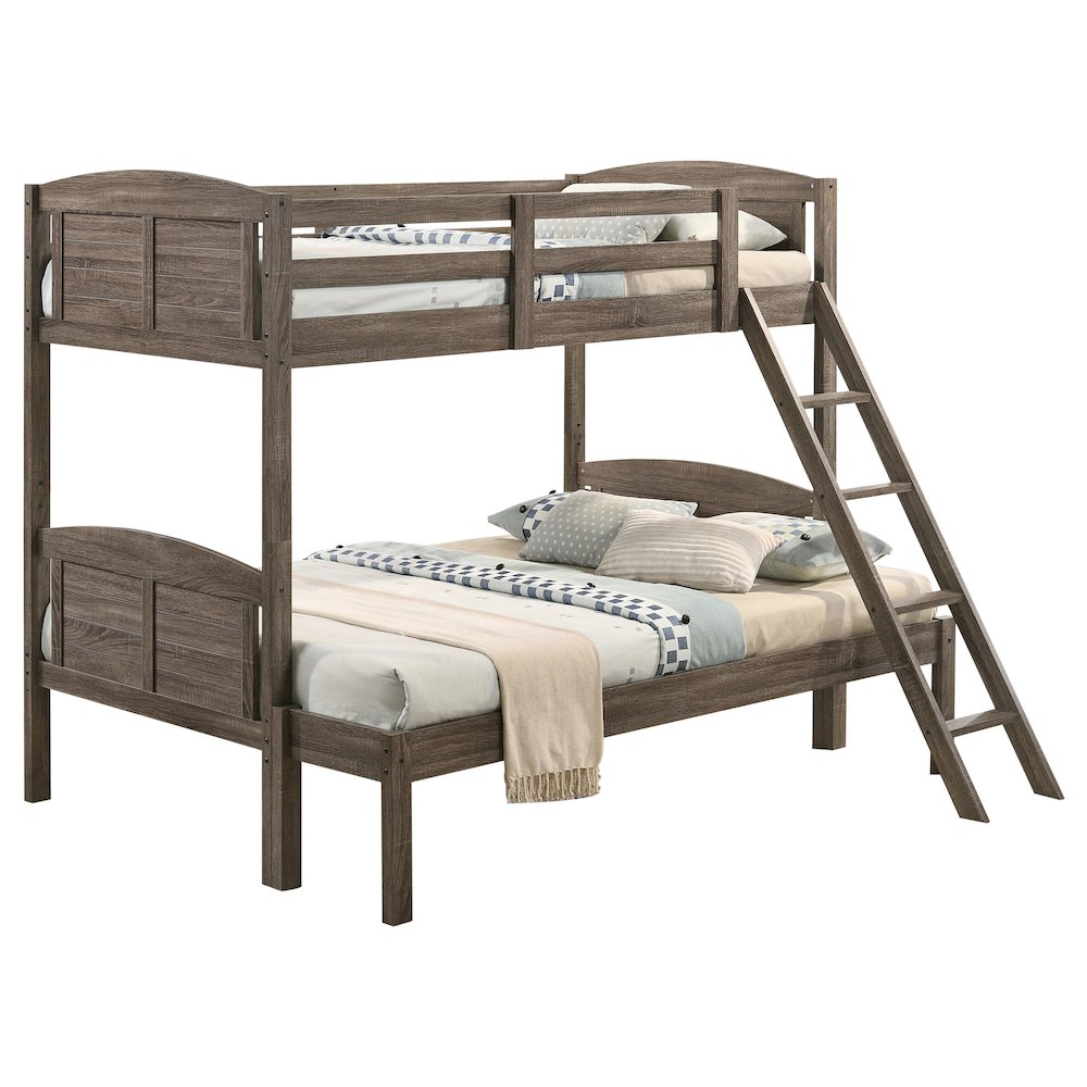 Flynn Wood Twin Over Full Bunk Bed with Mattress Weathered Brown