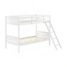 Solid Wood Twin Over Twin Bunk Bed with Batten Slats and Ladder, Kids, White