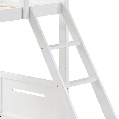 Solid Wood Twin Over Twin Bunk Bed with Batten Slats and Ladder, Kids, White