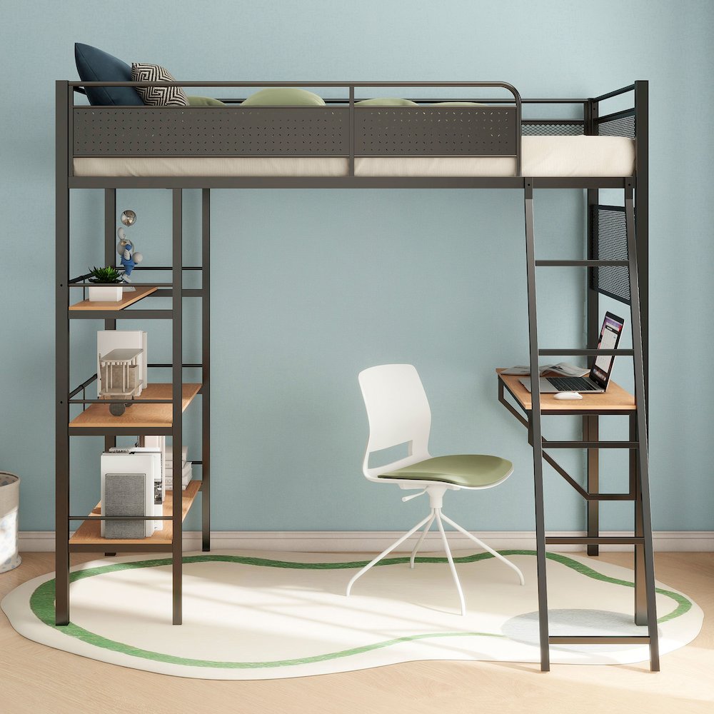 Campus 3-shelf Metal Twin Workstation Loft Bed Matte Black