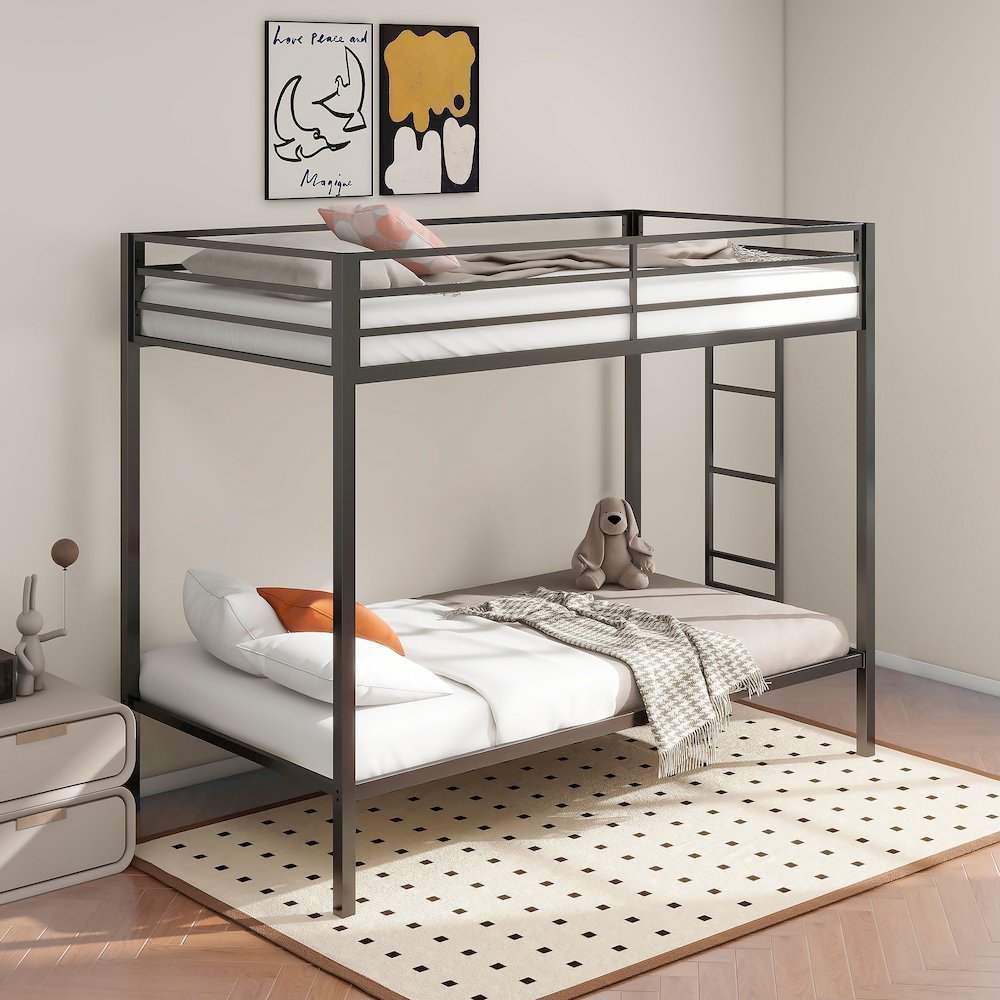Alevera Metal Twin Over Twin Bunk Bed with Ladder Black