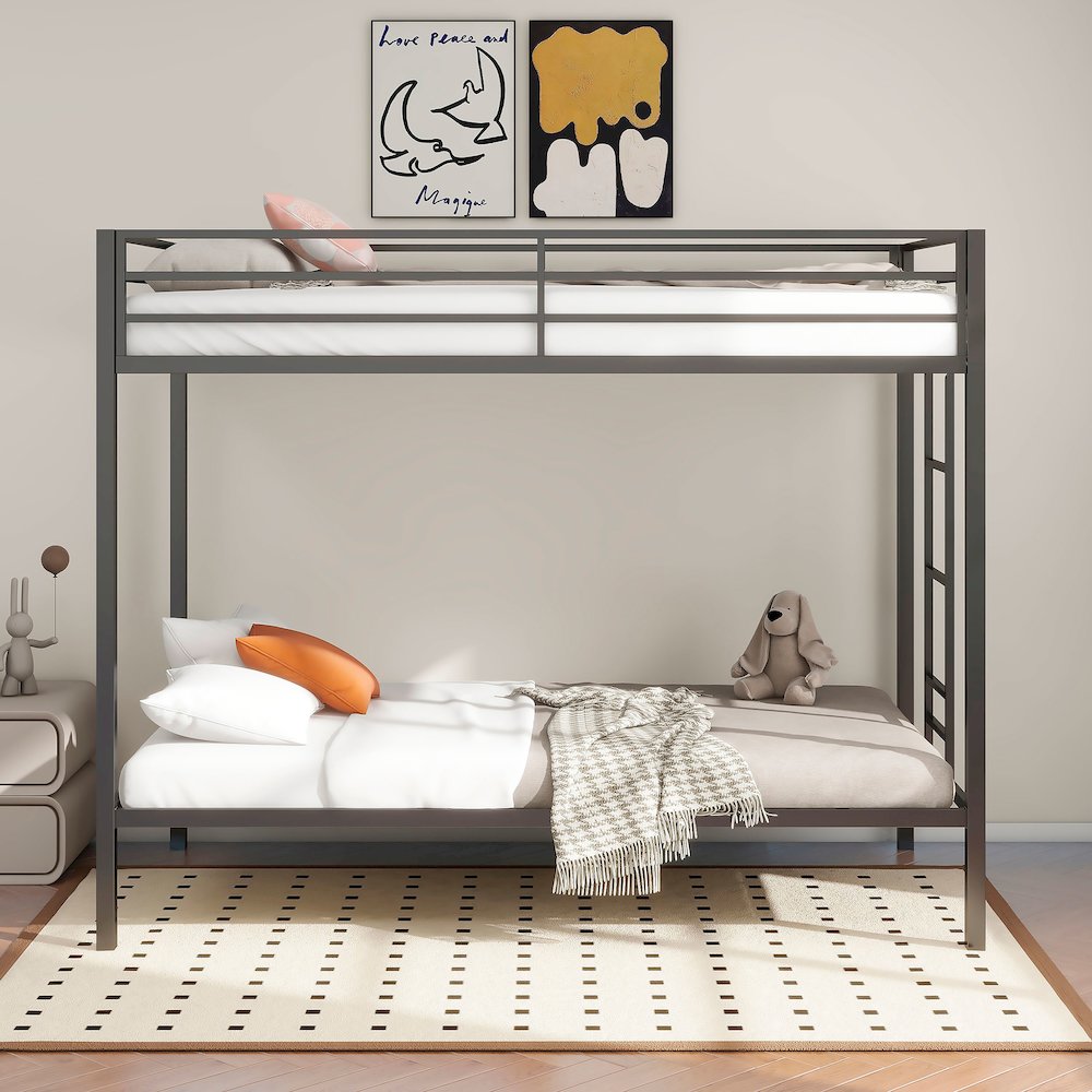 Alevera Metal Twin Over Twin Bunk Bed with Ladder Black