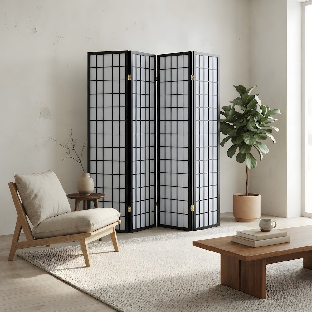 Wood Folding Shoji Screen Room Divider, Freestanding Panels, Black