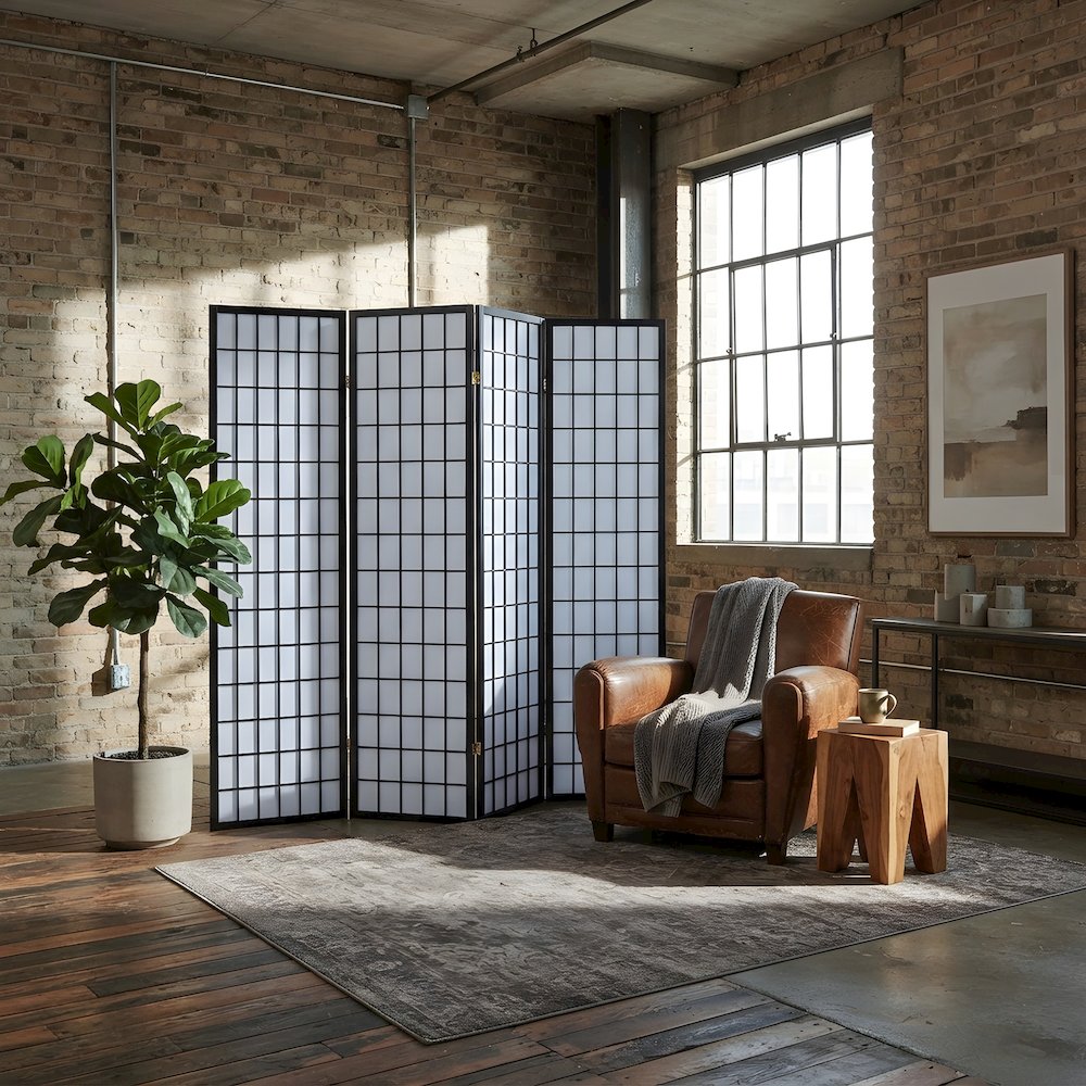 Wood Folding Shoji Screen Room Divider, Freestanding Panels, Black