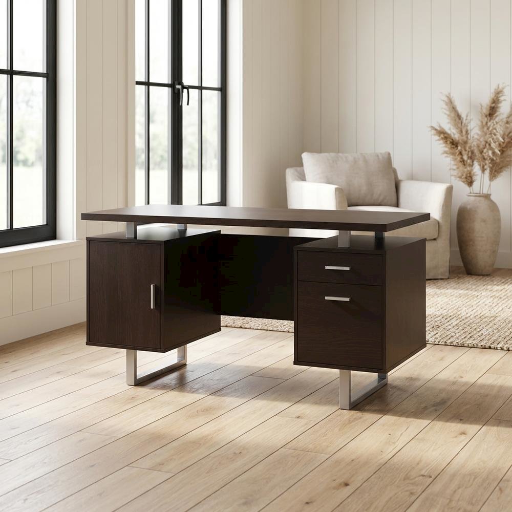 Contemporary Cappuccino Office Desk With 2 Drawers And Metal Legs