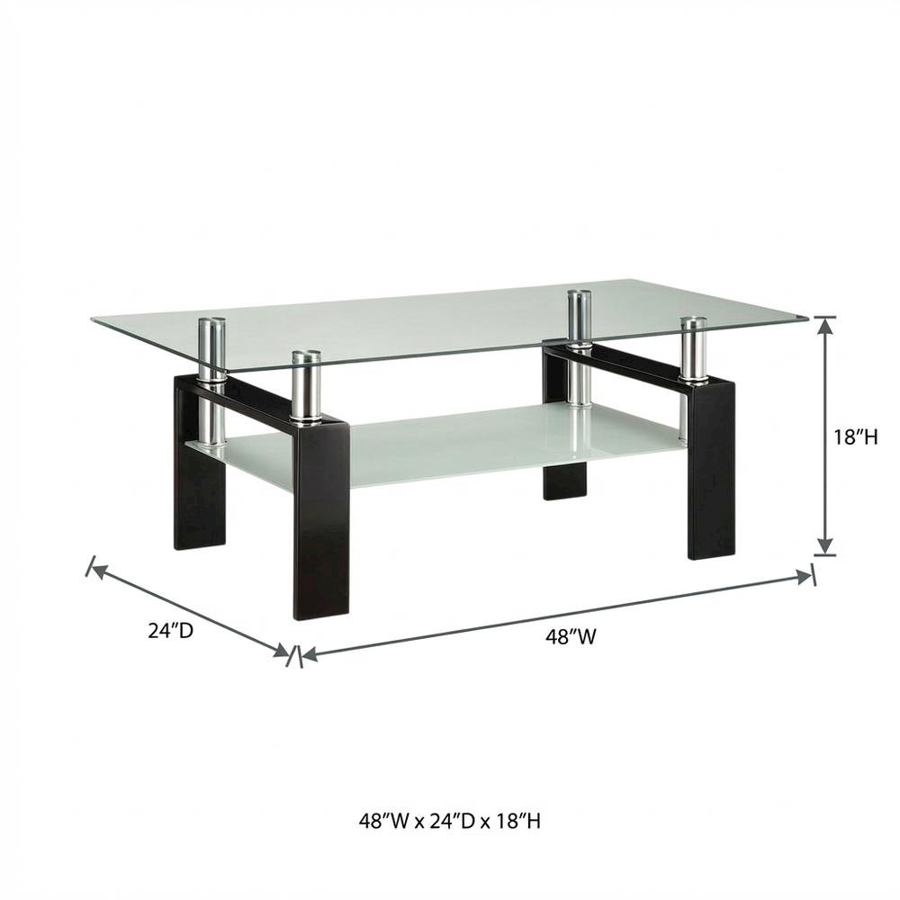 Rectangular Black Glass Top Coffee Table with 1 Shelf for Living Room