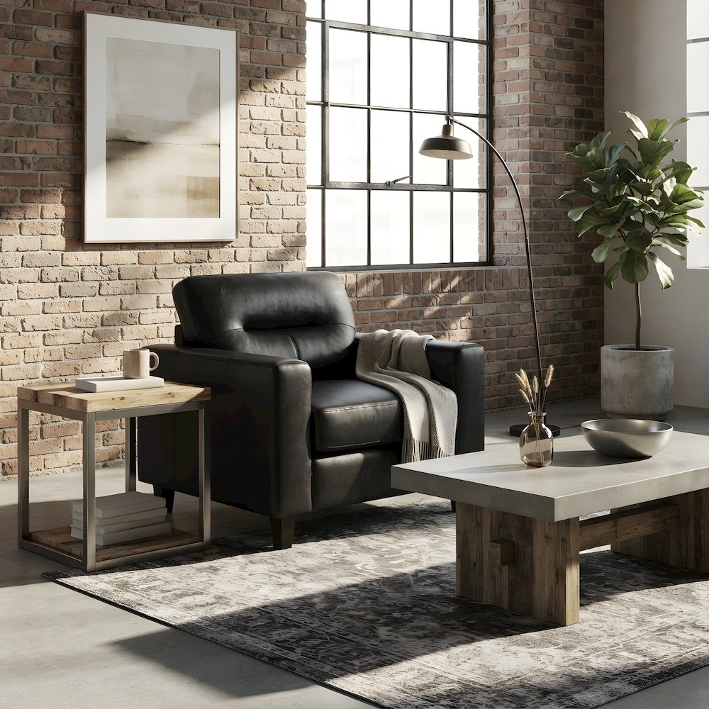 Faux Leather Track Arm Accent Chair, Transitional Comfy Reading Chairs, Black