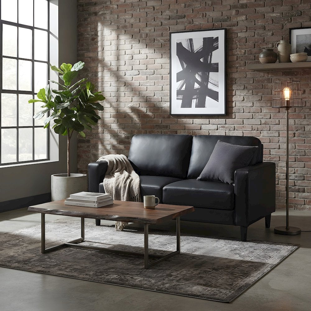 Polyester-Upholstered Small Loveseat Sofa with Track Arms, Transitional, Black