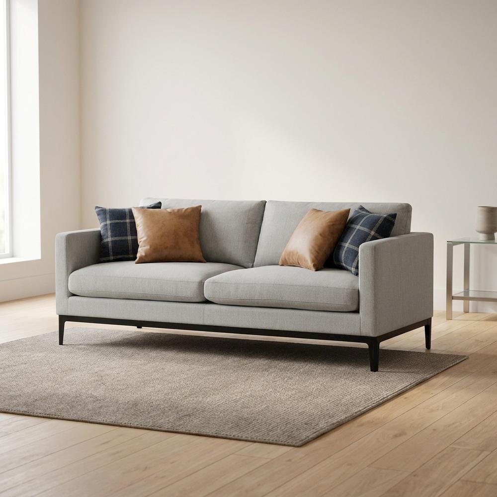 Polyester-Upholstered Track Arm Sofa with Metal Legs for Living Room, Light Grey