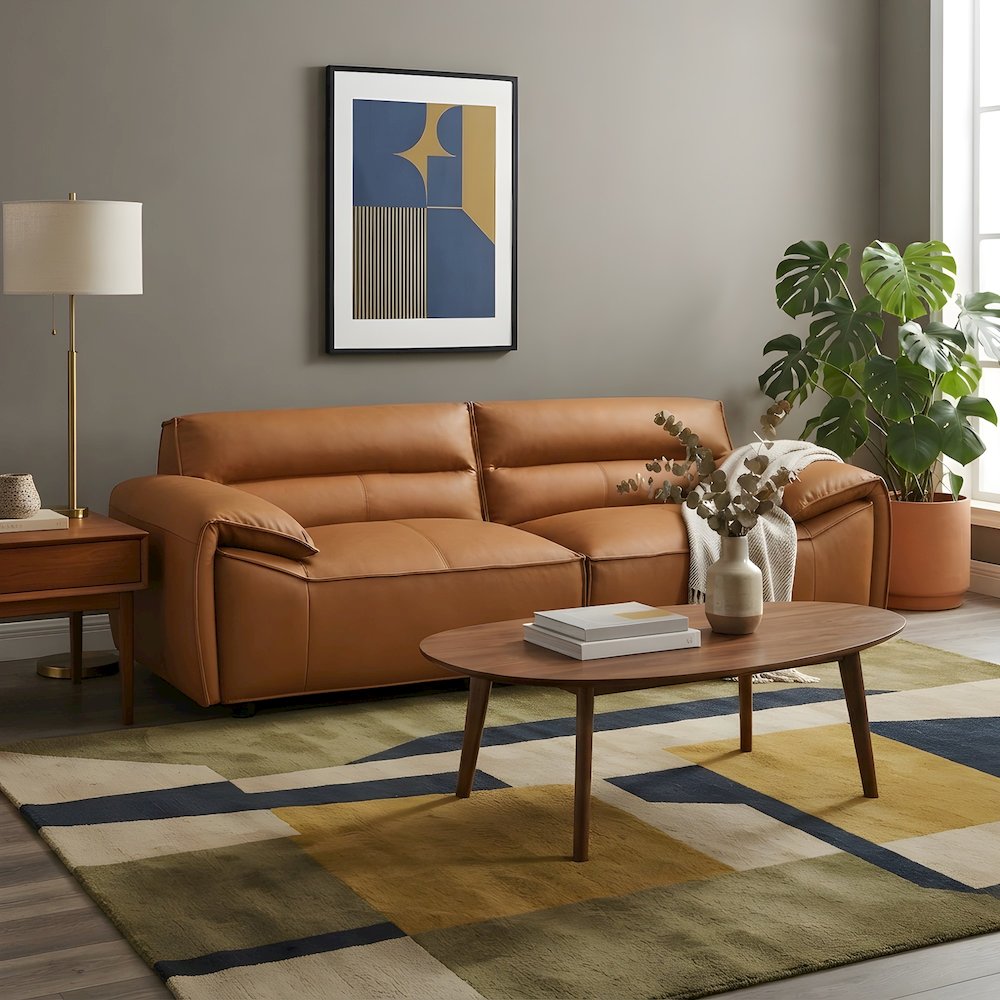 Top Grain Leather Sofa, Genuine Leather Couch for Living Room, Orange