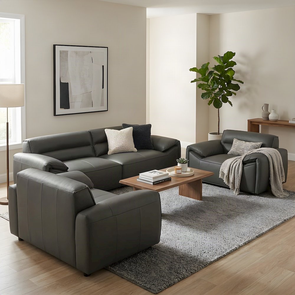 Contemporary Leather Sofa and Loveseat Living Room 2 Piece Set, Graphite