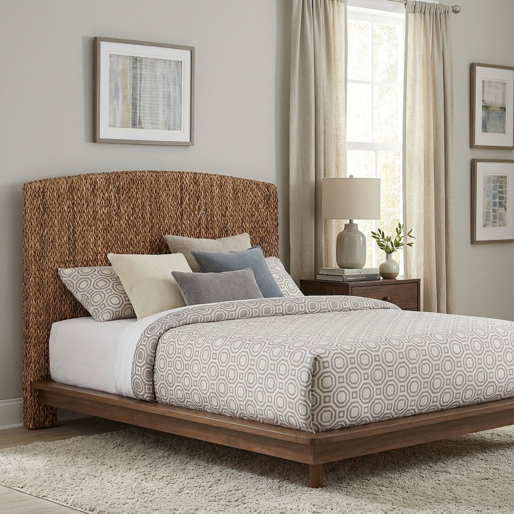 Brown Woven Banana Leaf Queen Panel Headboard, Honey Wood Legs, Coastal