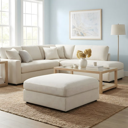 Square Upholstered Ottoman Foot Rest, Linen Fabric, Living Room, Beige