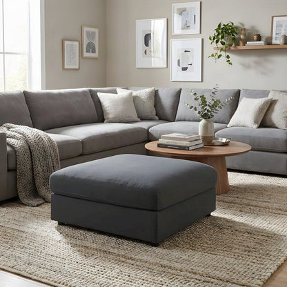 Linen-Blend Upholstered Square Ottoman Foot Rest and Foot Stool, Charcoal