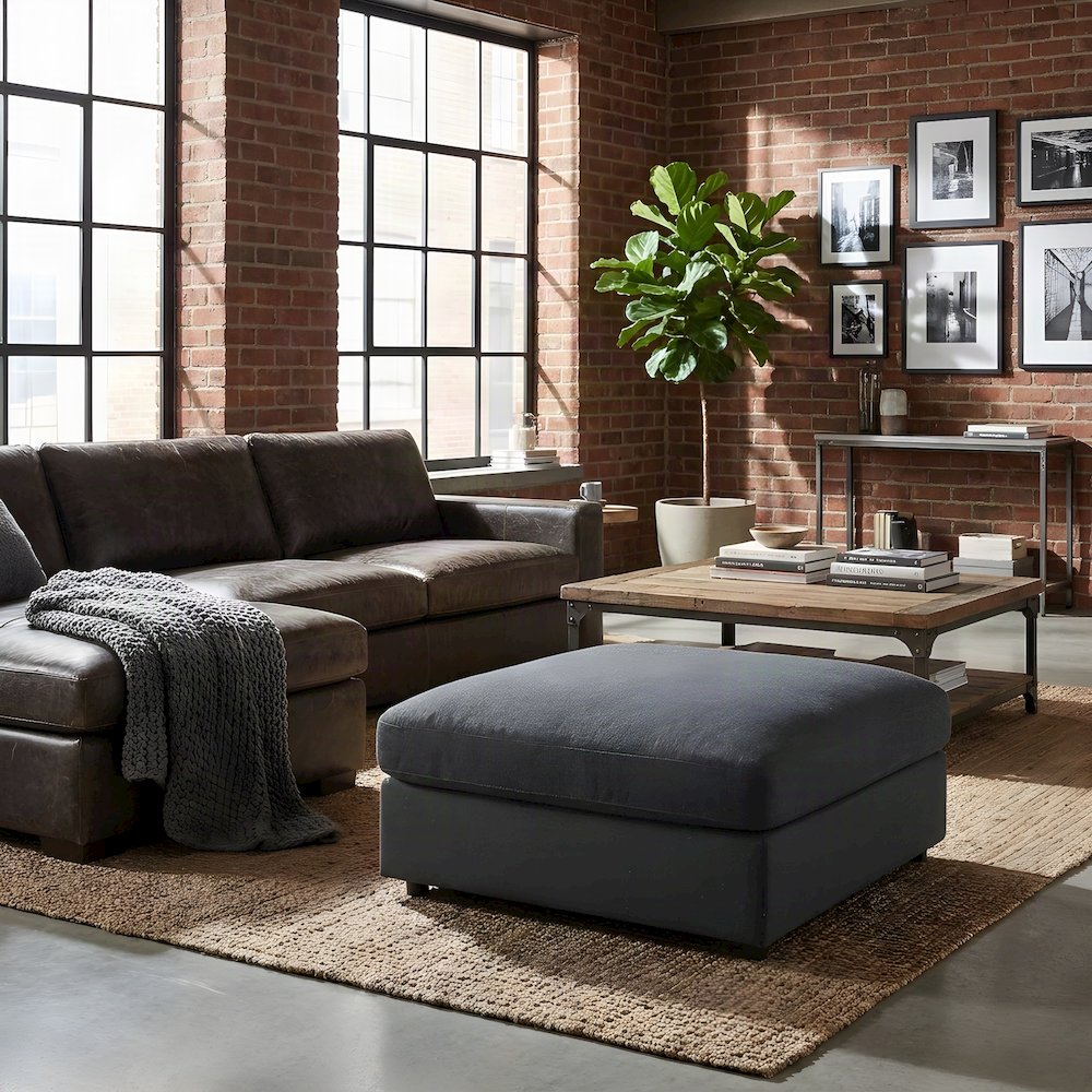 Linen-Blend Upholstered Square Ottoman Foot Rest and Foot Stool, Charcoal