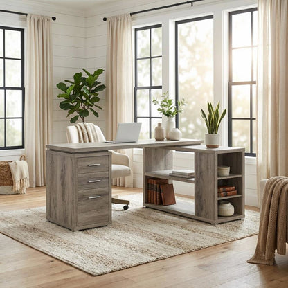 Grey Driftwood L-Shape Computer Desk With 3 Drawers And Transitional Style