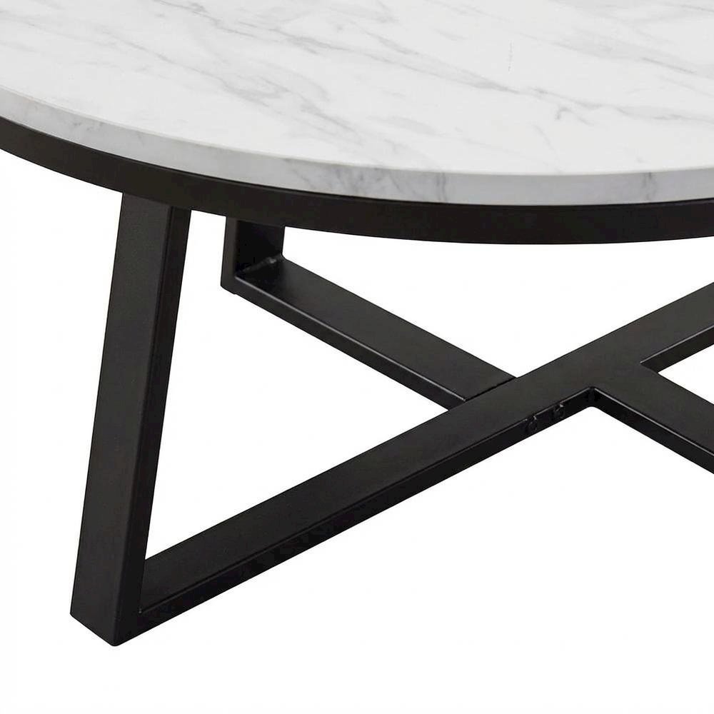 Contemporary Round Faux Marble Coffee Table with White and Matte Black Finish