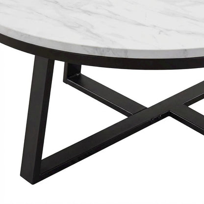 Contemporary Round Faux Marble Coffee Table with White and Matte Black Finish