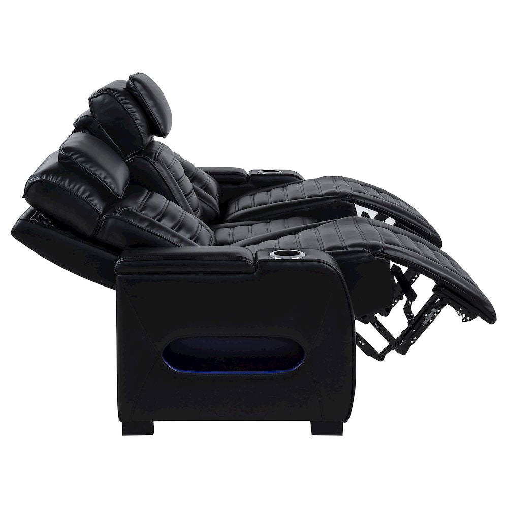 Zuma Faux Leather Dual Power Reclining LED Sofa Black