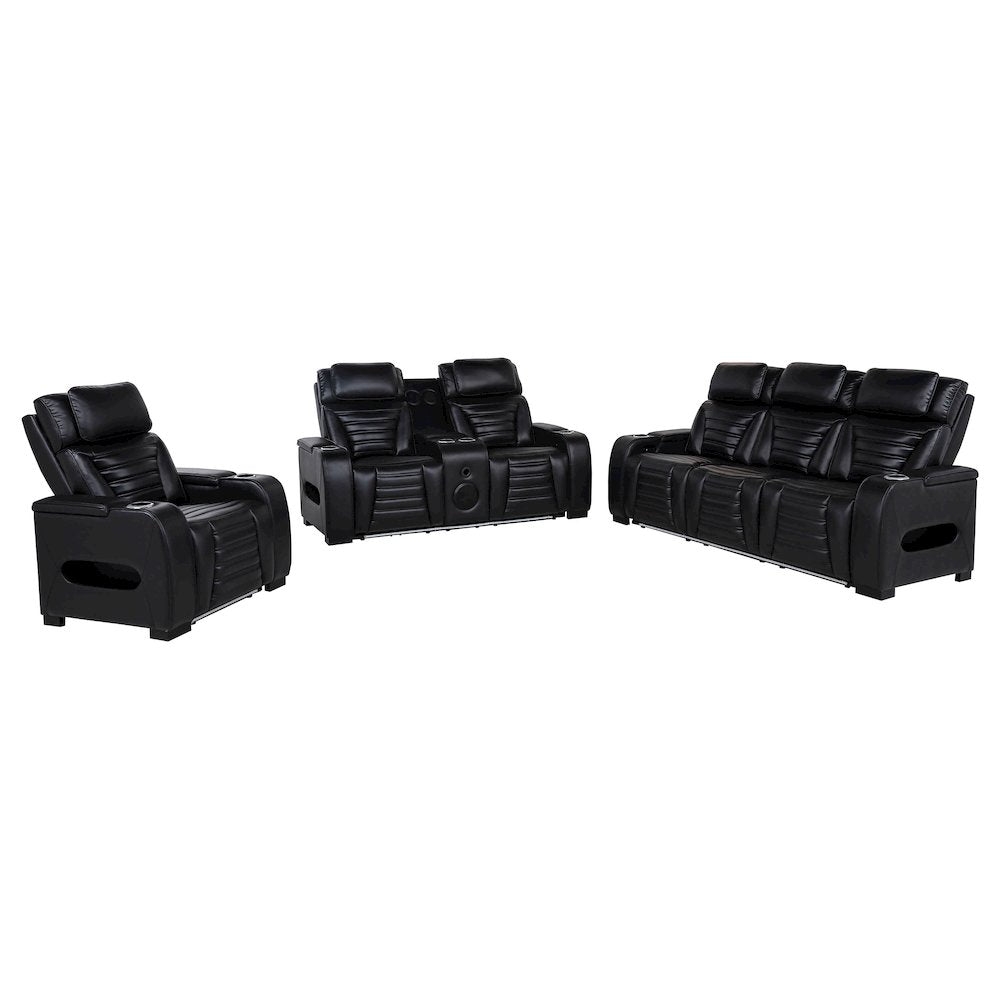 Zuma 3-piece Faux Leather Dual Power LED Sofa Set Black