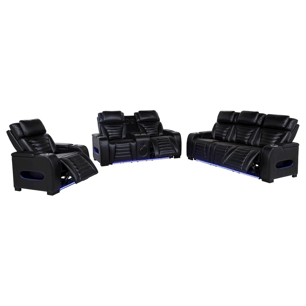 Zuma 3-piece Faux Leather Dual Power LED Sofa Set Black