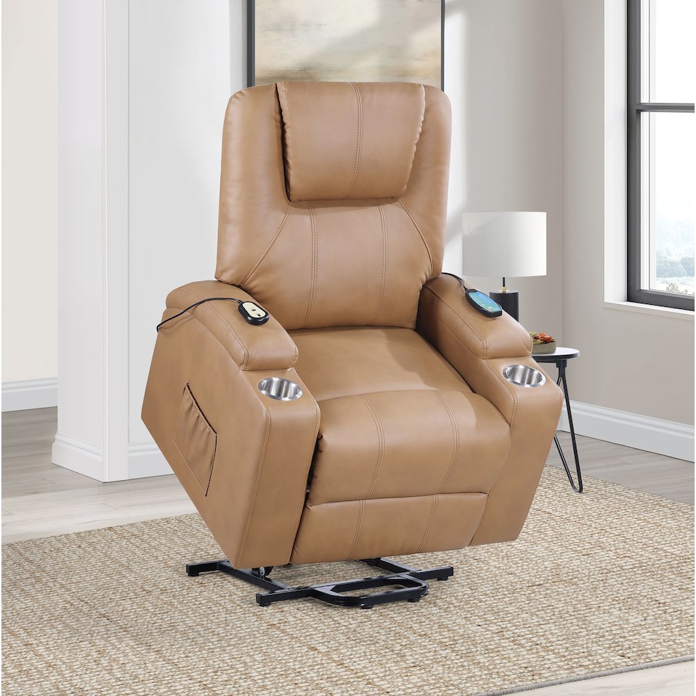 Armstrong Upholstered Power Lift Massage Recliner Camel