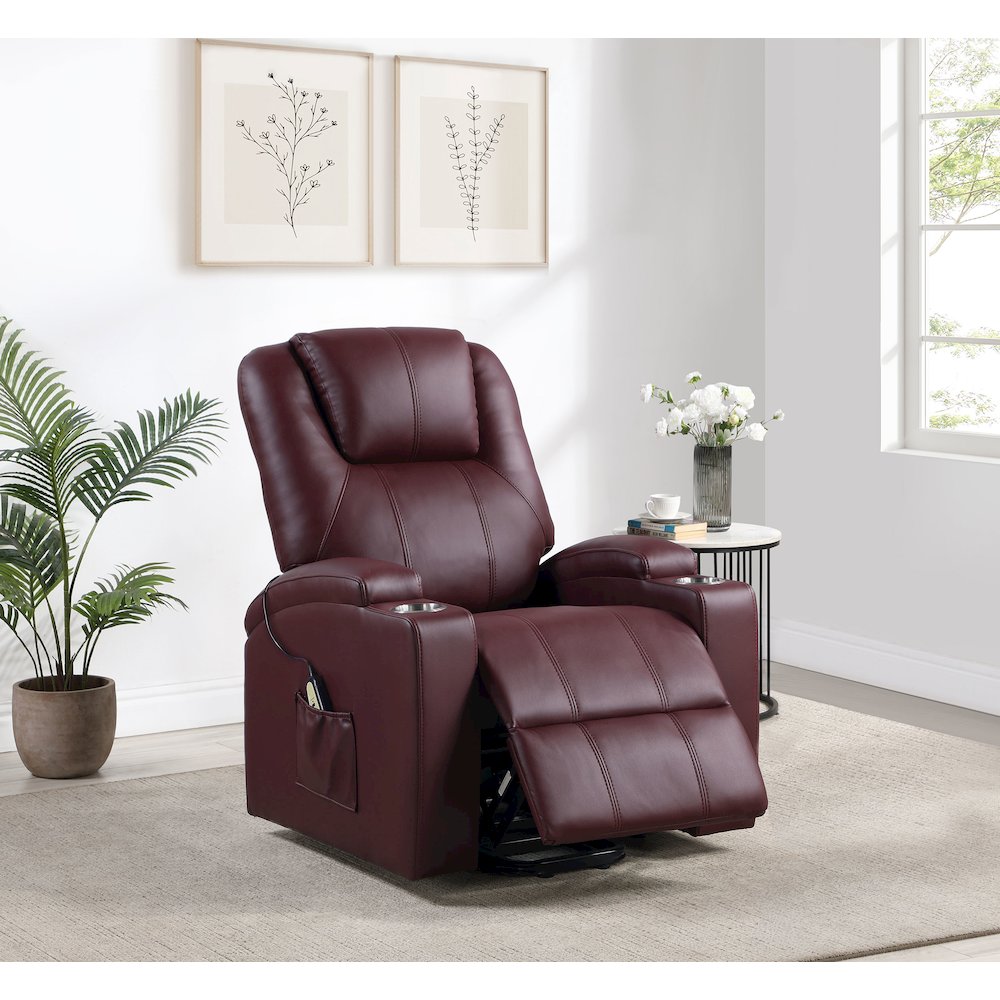 Armstrong Upholstered Power Lift Massage Recliner Wine Red