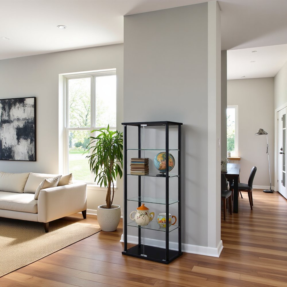 Black Glass Display Case with 5 Shelves, Modern Curio Display Cabinet